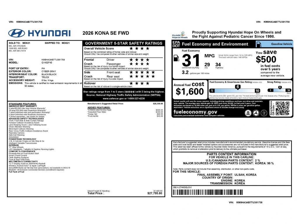 hyundai kona 2026 KM8HA3AB7TU381758 image hyundai kona 2026 KM8HA3AB7TU381758 image