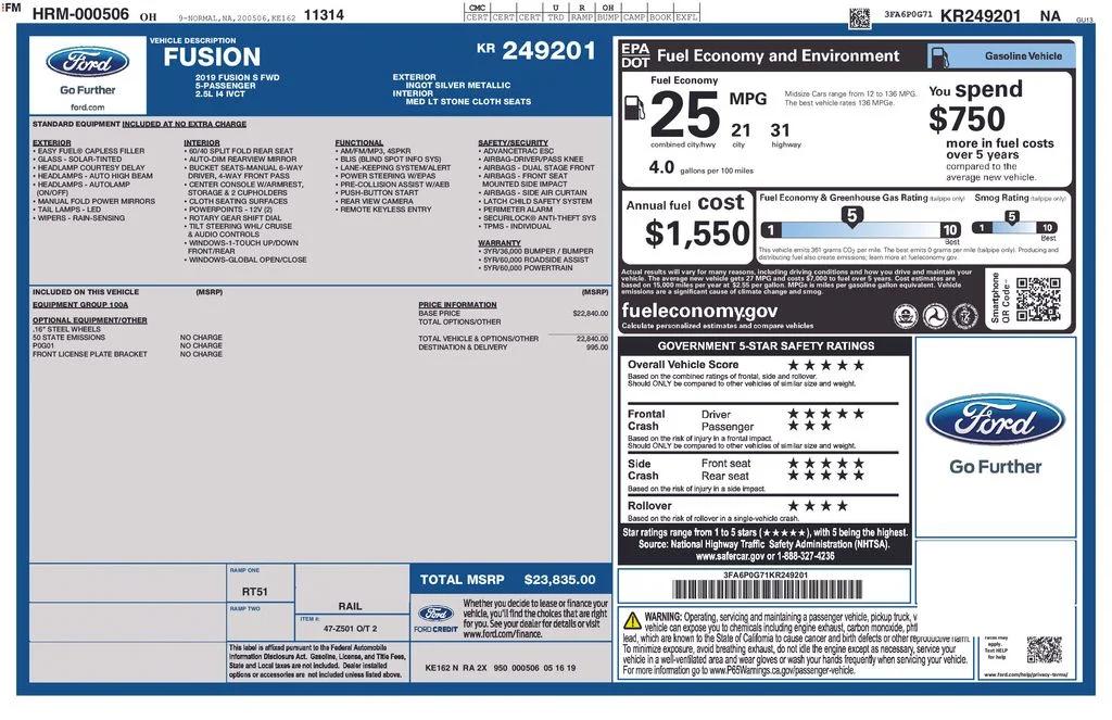 ford fusion 2019 3FA6P0G71KR249201 image