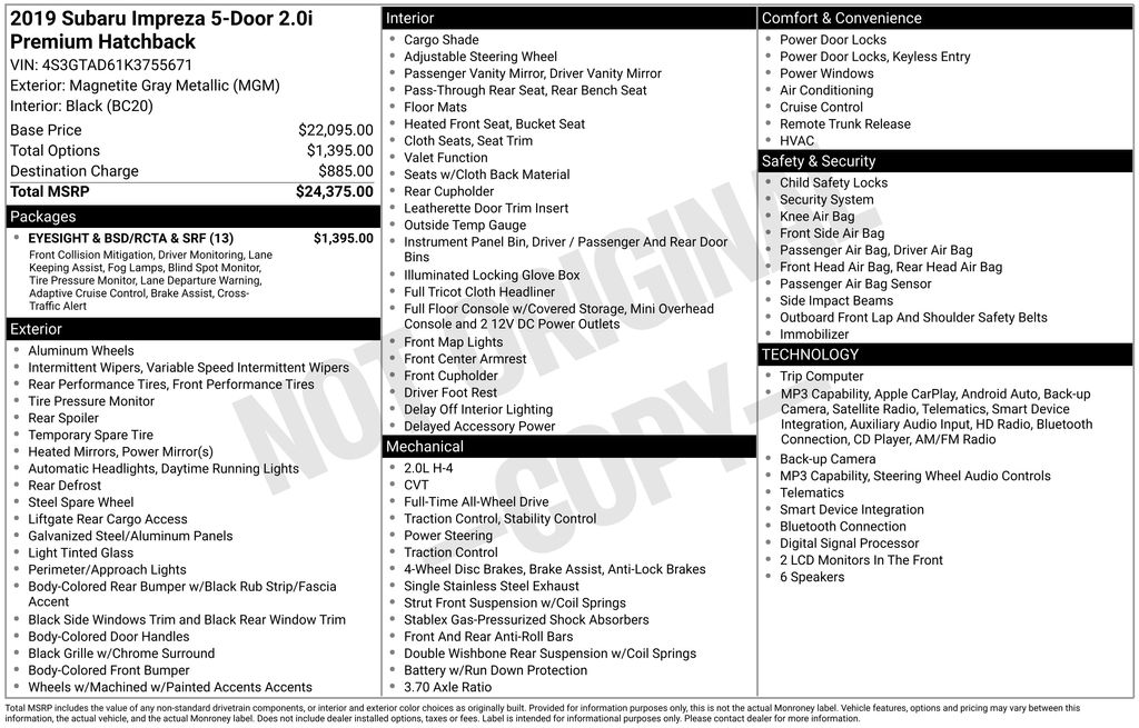 subaru impreza 2019 4S3GTAD61K3755671 image subaru impreza 2019 4S3GTAD61K3755671 image
