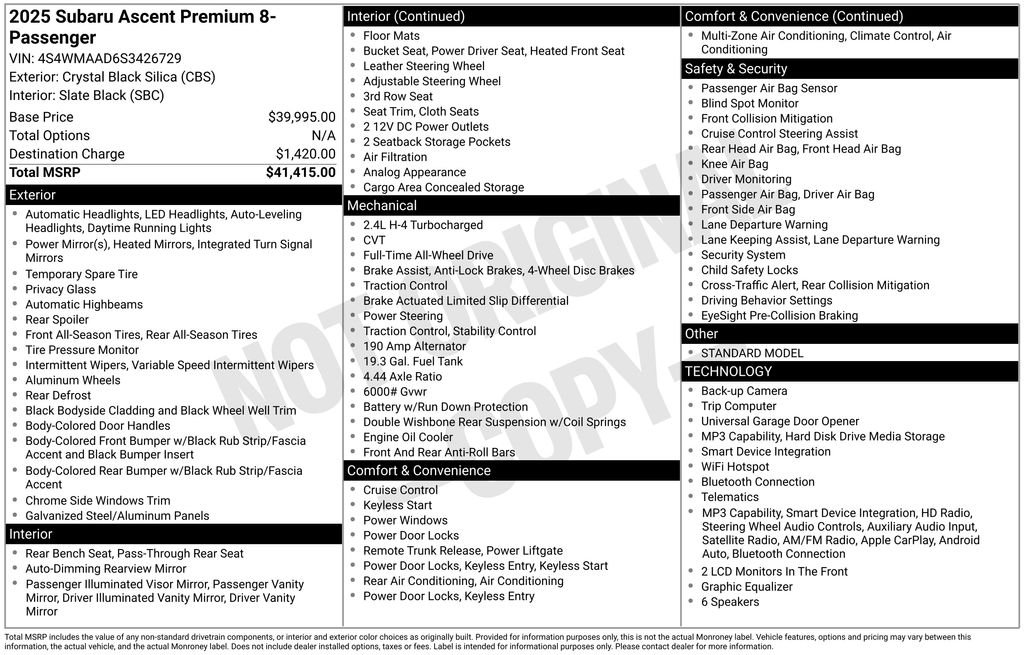 subaru ascent 2025 4S4WMAAD6S3426729 image subaru ascent 2025 4S4WMAAD6S3426729 image
