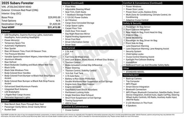 subaru forester 2025 JF2SLDAC5SH414042 image subaru forester 2025 JF2SLDAC5SH414042 image