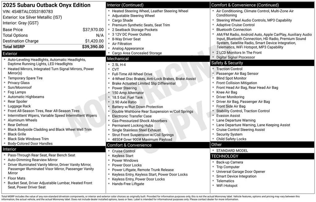 subaru outback 2025 4S4BTALC0S3180783 image subaru outback 2025 4S4BTALC0S3180783 image