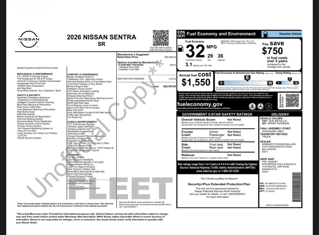 nissan sentra 2026 3N1AB9DVXTY231400 image nissan sentra 2026 3N1AB9DVXTY231400 image