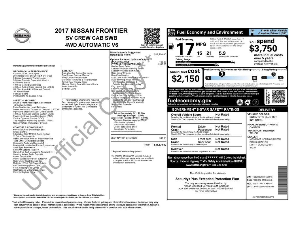 nissan frontier 2017 1N6DD0EV3HN735013 image nissan frontier 2017 1N6DD0EV3HN735013 image