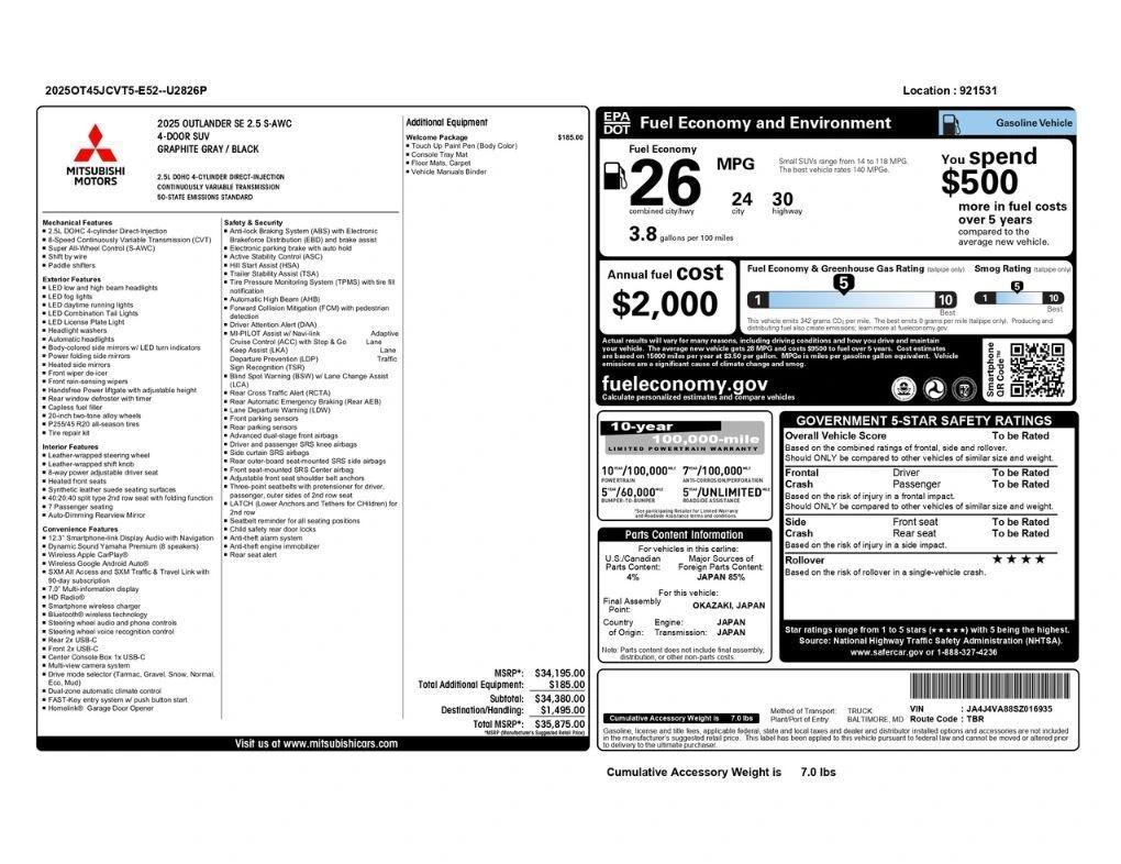 mitsubishi outlander 2025 JA4J4VA88SZ016935 image mitsubishi outlander 2025 JA4J4VA88SZ016935 image