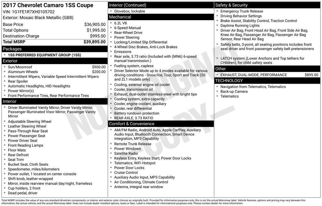 chevrolet camaro 2017 1G1FE1R7XH0105702 image chevrolet camaro 2017 1G1FE1R7XH0105702 image