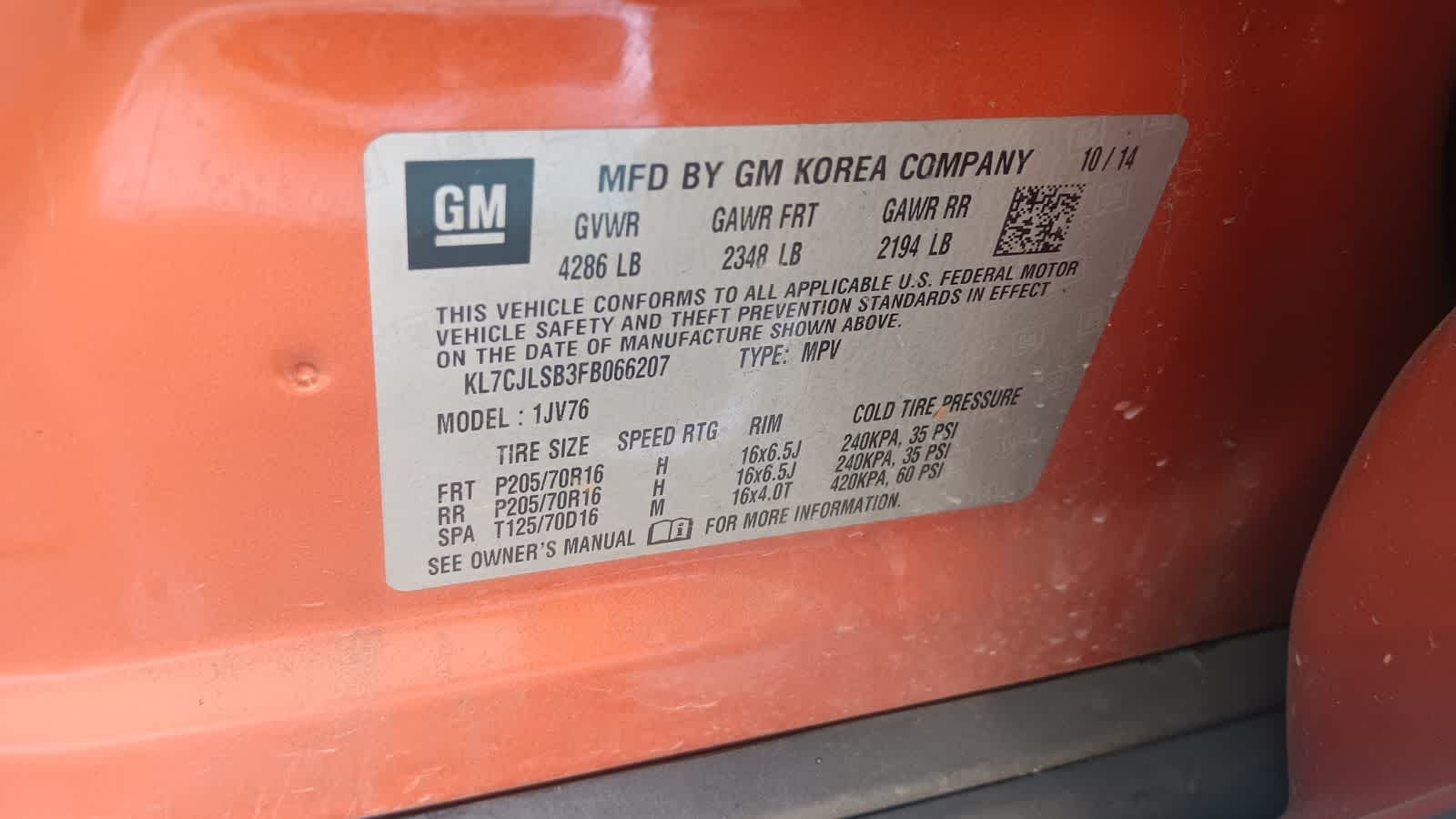 chevrolet trax 2015 KL7CJLSB3FB066207 image