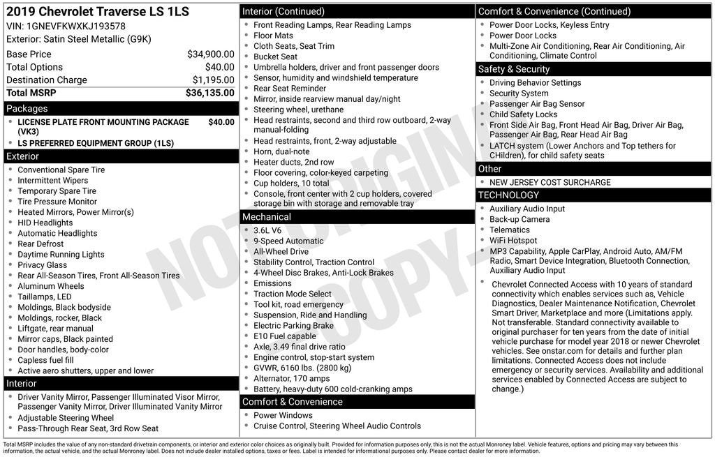chevrolet traverse 2019 1GNEVFKWXKJ193578 image chevrolet traverse 2019 1GNEVFKWXKJ193578 image