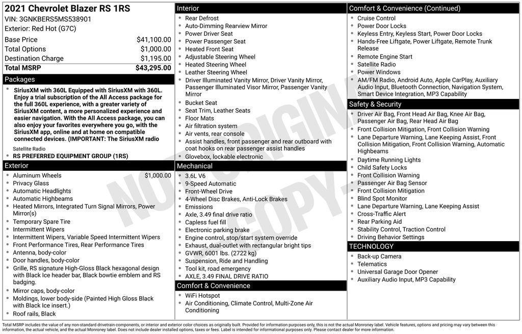 chevrolet blazer 2021 3GNKBERS5MS538901 image