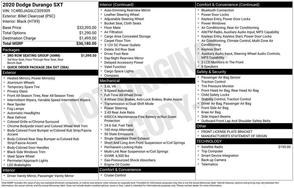dodge durango 2020 1C4RDJAG6LC309309 image dodge durango 2020 1C4RDJAG6LC309309 image