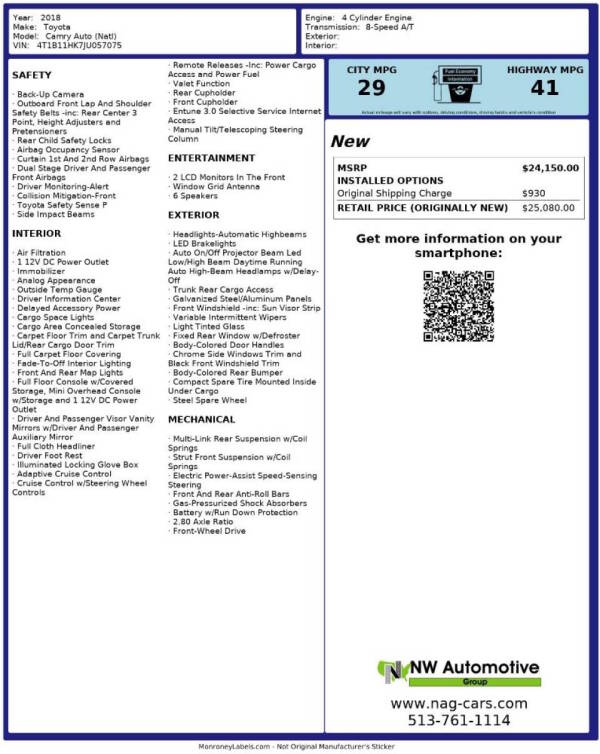 toyota camry 2018 4T1B11HK7JU057075 image toyota camry 2018 4T1B11HK7JU057075 image