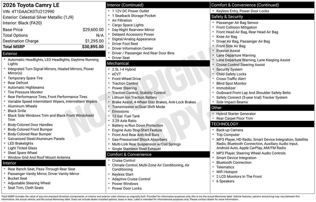 toyota camry 2026 4T1DAACK0TU212990 image toyota camry 2026 4T1DAACK0TU212990 image