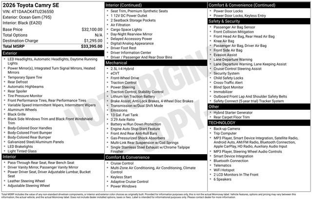 toyota camry 2026 4T1DAACK4TU236550 image toyota camry 2026 4T1DAACK4TU236550 image