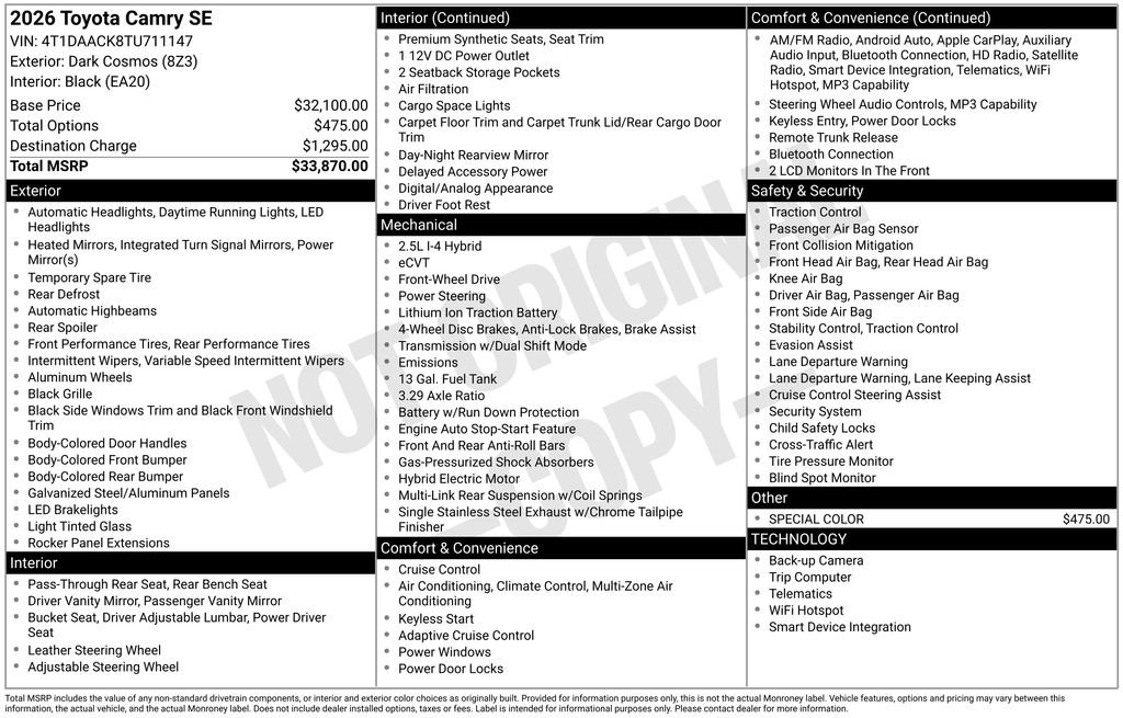 toyota camry 2026 4T1DAACK8TU711147 image toyota camry 2026 4T1DAACK8TU711147 image