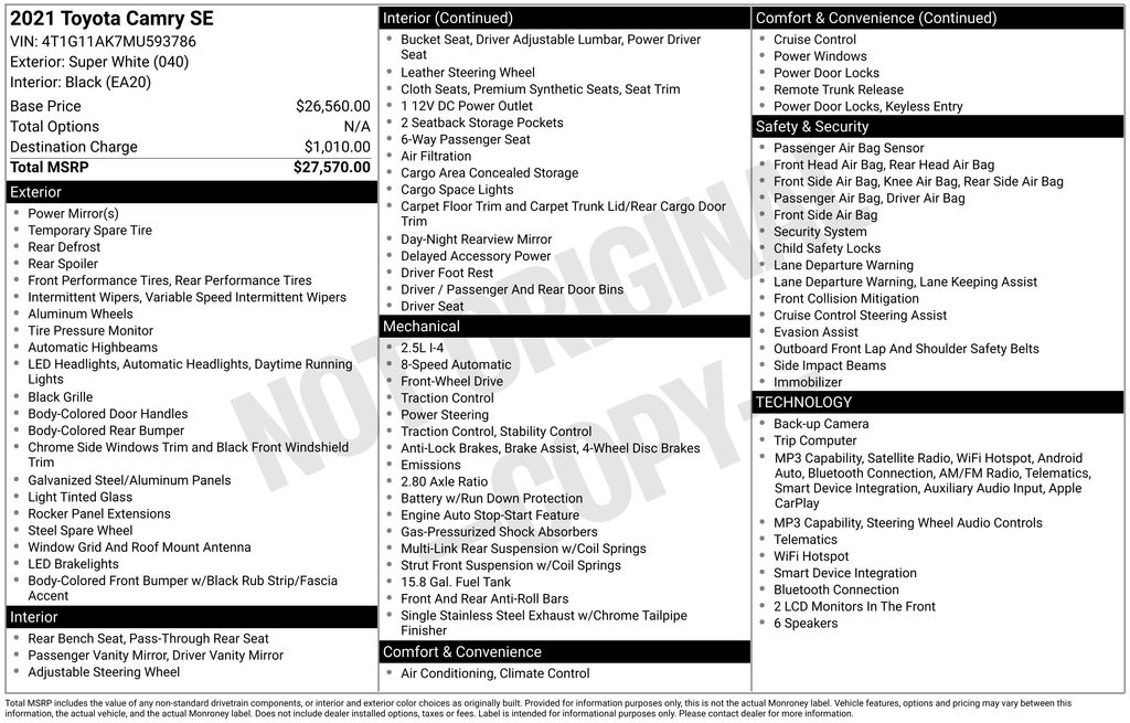toyota camry 2021 4T1G11AK7MU593786 image toyota camry 2021 4T1G11AK7MU593786 image