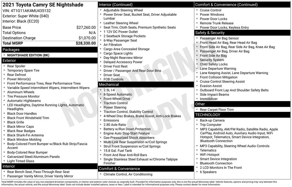 toyota camry 2021 4T1G11AK4MU435132 image toyota camry 2021 4T1G11AK4MU435132 image