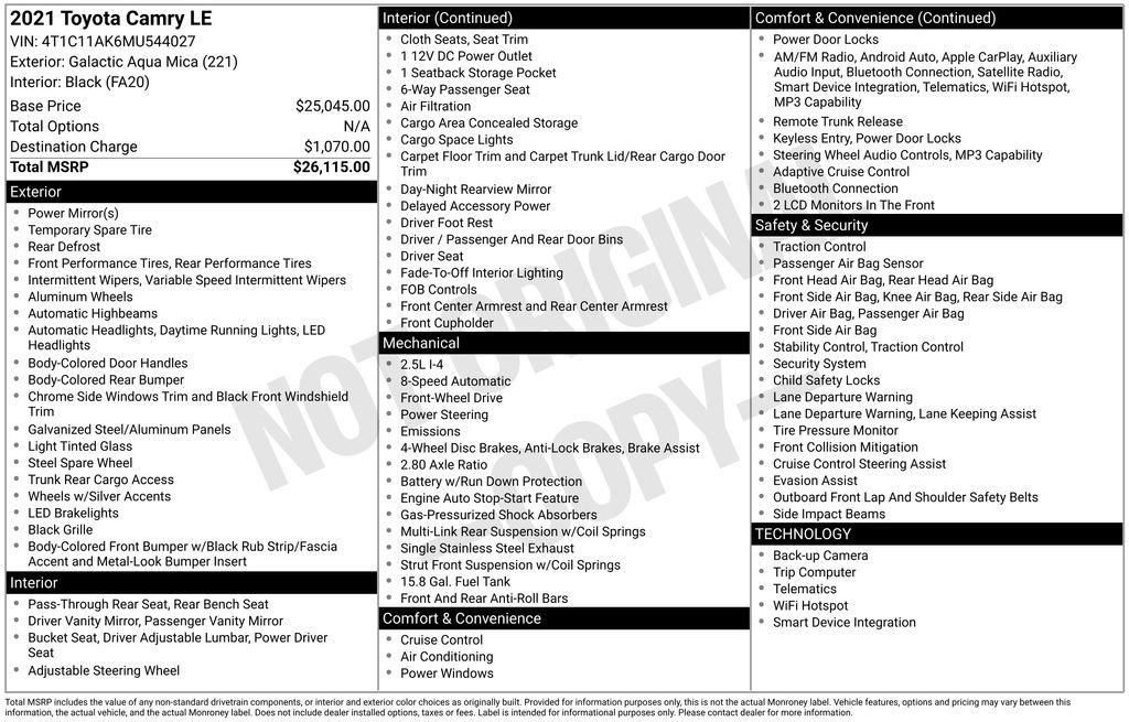 toyota camry 2021 4T1C11AK6MU544027 image toyota camry 2021 4T1C11AK6MU544027 image