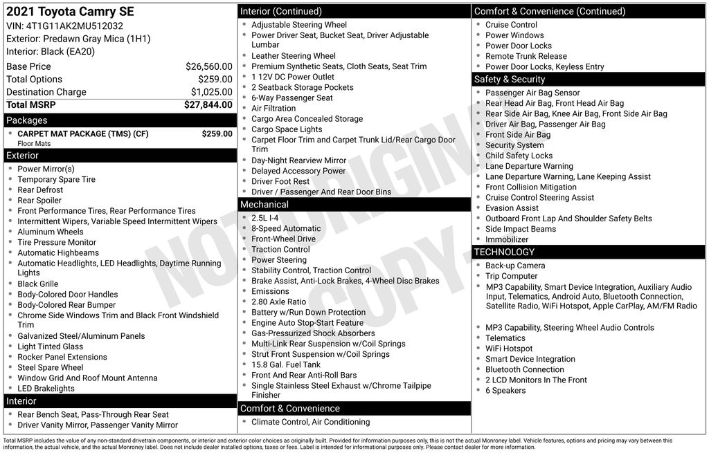 toyota camry 2021 4T1G11AK2MU512032 image toyota camry 2021 4T1G11AK2MU512032 image