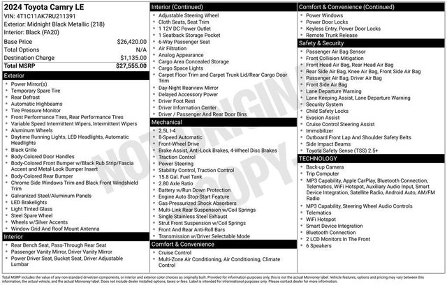 toyota camry 2024 4T1C11AK7RU211391 image toyota camry 2024 4T1C11AK7RU211391 image