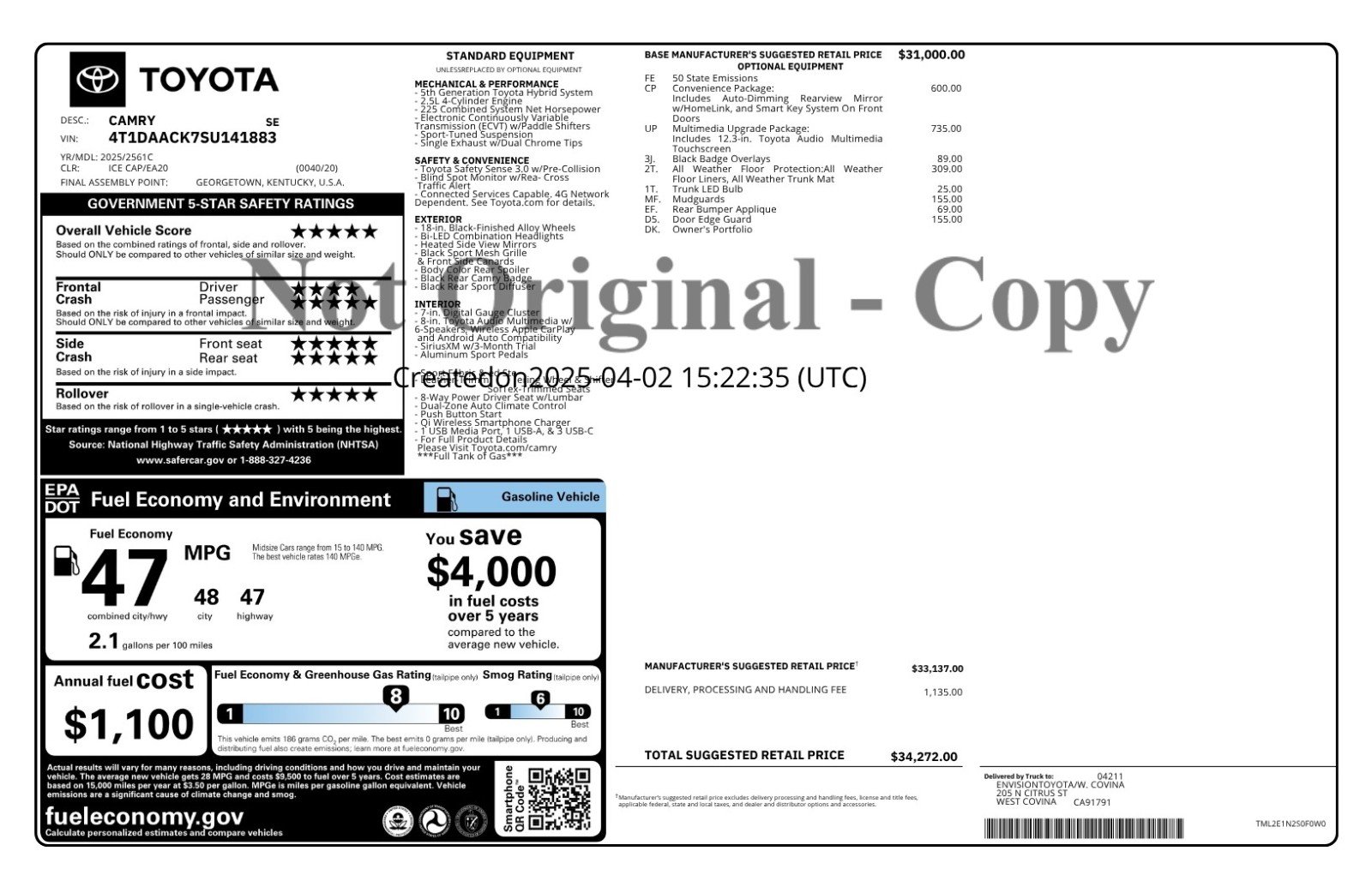 toyota camry 2025 4T1DAACK7SU141883 image toyota camry 2025 4T1DAACK7SU141883 image