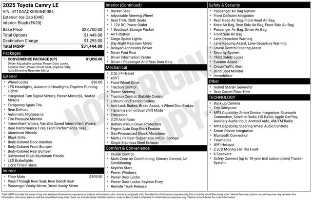 toyota camry 2025 4T1DAACK0SU540084 image toyota camry 2025 4T1DAACK0SU540084 image