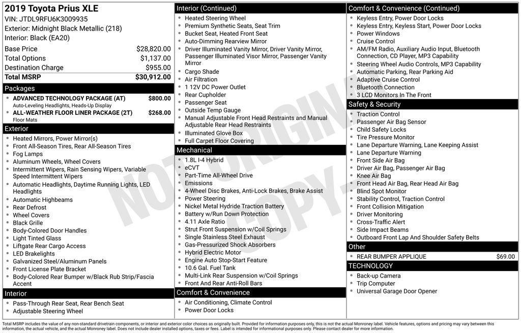 toyota prius 2019 JTDL9RFU6K3009935 image toyota prius 2019 JTDL9RFU6K3009935 image