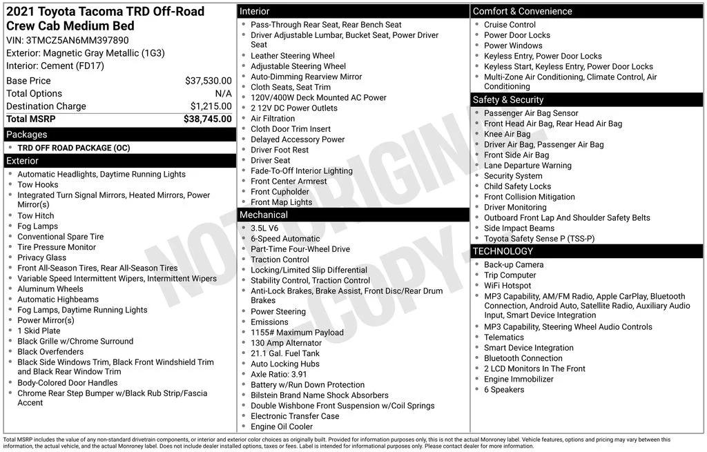 toyota tacoma 2021 3TMCZ5AN6MM397890 image toyota tacoma 2021 3TMCZ5AN6MM397890 image
